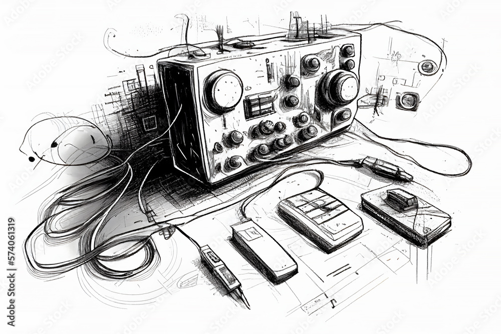 Czarno-biały szkice stołu, na którym znajduje się radiotelefon związany z komunikację - obrazy, fototapety, plakaty 