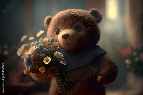 Cute teddy bear sits on the floor, bouquet of flowers in a vase, birthday card, March 8, bear and flowers, realistic style, generated with AI