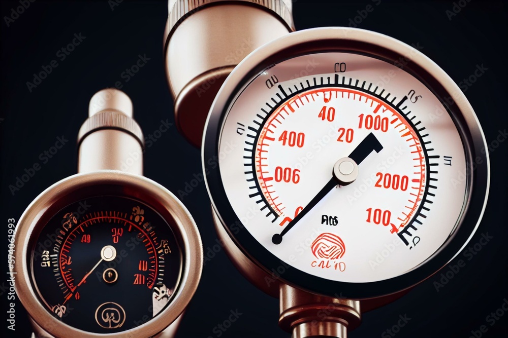 Pressure gauge closeup. Arrow of pressure gauge shows zero on scale