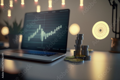 Stacked coins and office desk with stock chart, investment concept