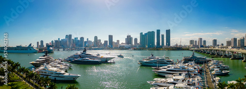 Beautiful aerial panorama Miami International Boat Show with view of Downtown Miami in background