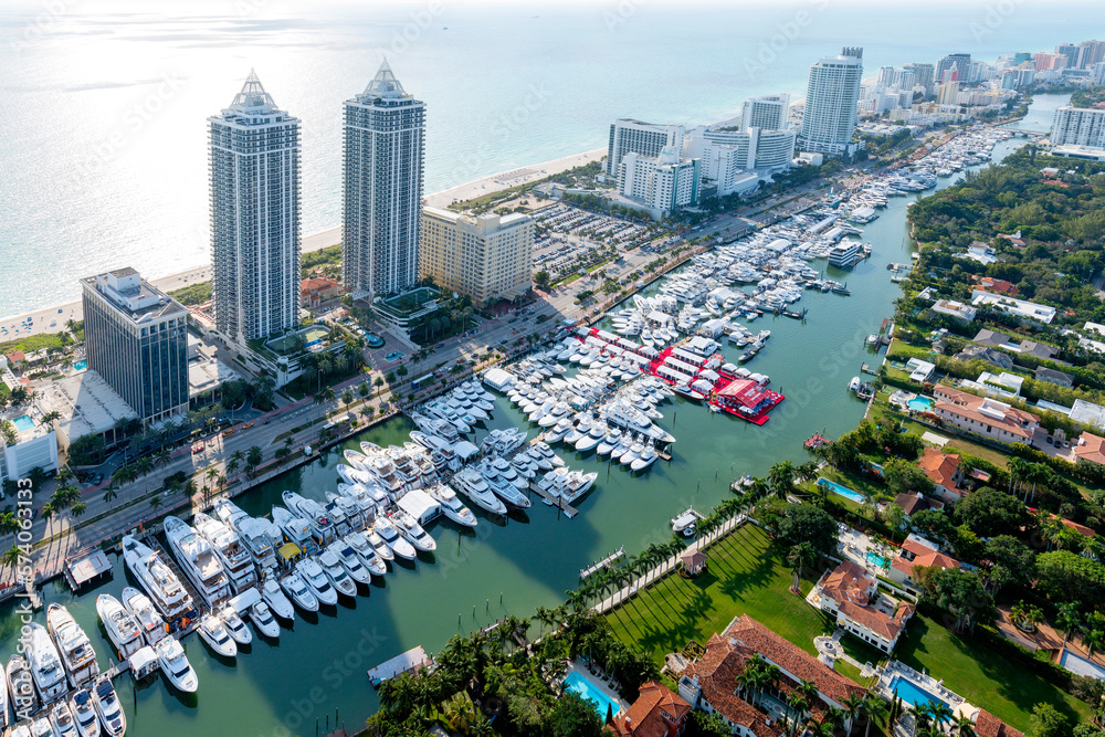 Naklejka premium Miami Boat and Yacht Show..Aerial View,Helicopter, .Miami,Florida,USA..