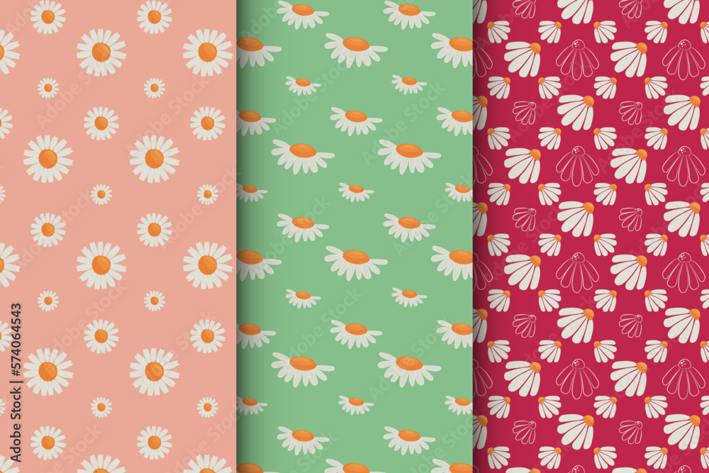 Chamomile pattern set, seamless vector pattern