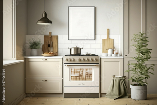 Mock up poster frame in modern beige Kitchen Scandinavian style