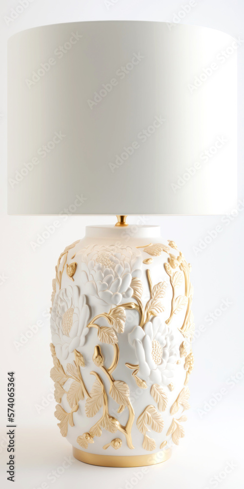Beautiful Crafted Table Lamp with Intricate Sculpted and Painted Details Modern But Classical - Gold, Wood, Silver, Floral Details, Geometrical Details, Organic Shaped -- Generative AI