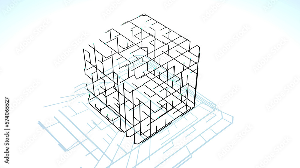 3d render. Abstract black wireframe on white bg. Ai growing geometric ...