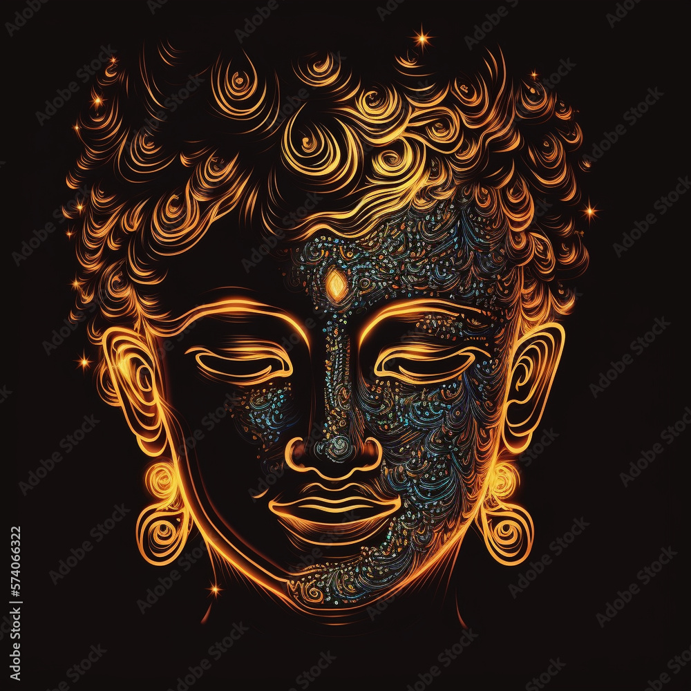 buddha young face front view smiling lightly neon pattern AI generated ...