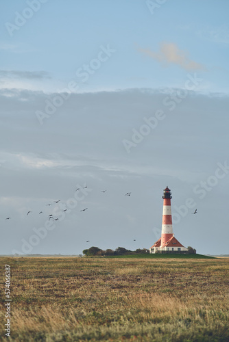 Lighthouse Westerheversand in Germany with flock of birds in the sky. High quality photo