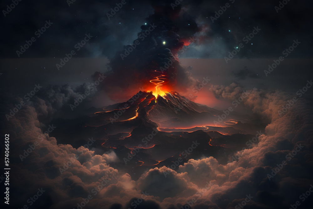 topdown view of Active Volcano with clouds, generative ai