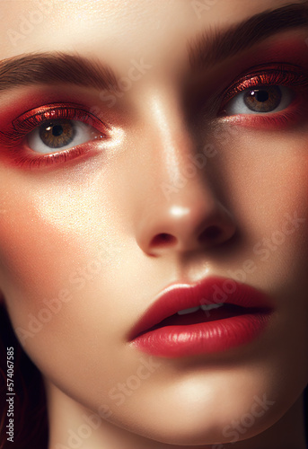 Portrait of young beautiful woman with red eyeshadow make-up. Digitally AI generated image.