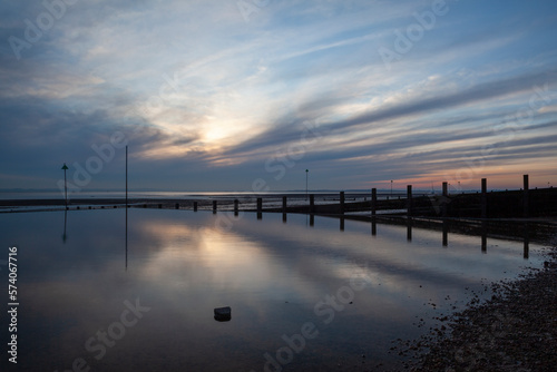 Winter sunset on Westcliff beach, Essex, England, United Kingdom