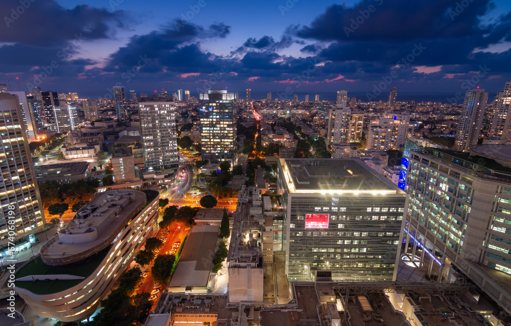 Obraz premium Tel Aviv night aerial top view