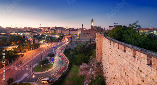 Jerusalem: night view to Old City Wall, tower of David photo