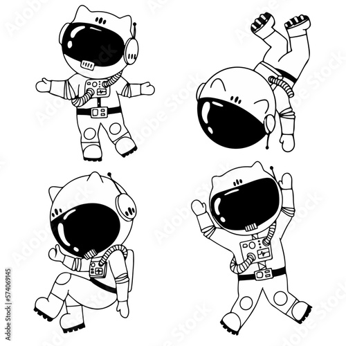 Cosmonaut in different poses. Astronaut in intergalactic space. galaxy. astronauts in a space suit with a helmet isolated on a white background. Black and white illustration