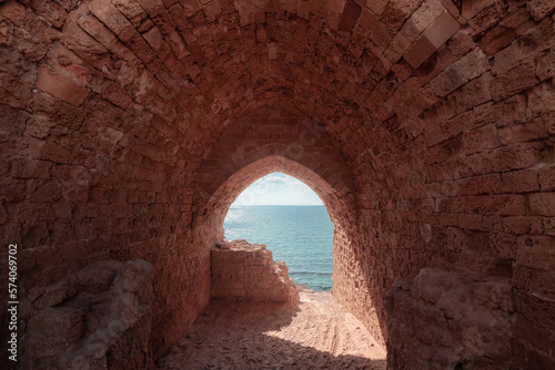 Arch of The Crusader Fortress in Herzliya, Israel. View to the sea