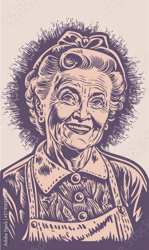 Happy grandma old woman vintage woodcut hand drawn engraving style illustration vector eps 10