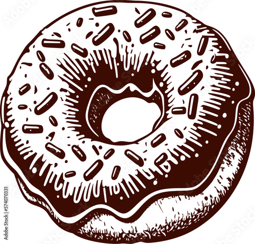 Vintage tasty donut with frosting and sprinkles woodcut engraved style vector illustration eps 10