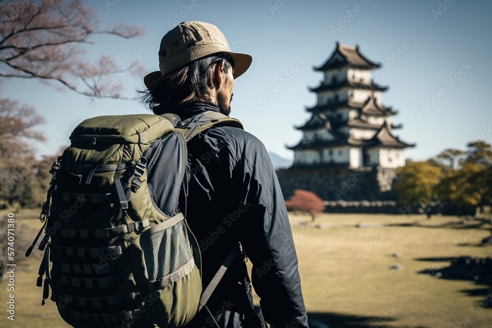 A trekker with his backpack walking in front of the historic Matsumoto Castle on a sunny day, with a clear blue sky as the backdrop. Shot with a medium lens to capture the castle's distinctive archite