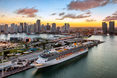Miami Dowtown and Harbour at sunset,.Aerial, .Miami,Miami Beach South Florida,USA photo
