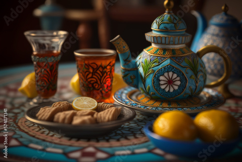 A Moroccan tea room with fresh mint tea and traditional sweets, captured with a digital SLR camera and a fast prime lens.