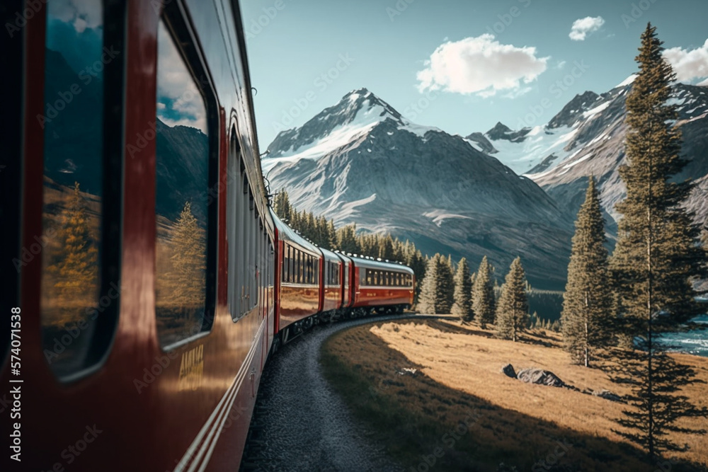 A scenic train journey on the Bernina Express, passing through the Swiss Alps and capturing the stunning landscape mountain views