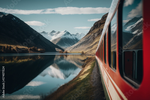A scenic train journey on the Bernina Express, passing through the Swiss Alps and capturing the stunning landscape mountain views photo