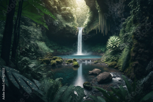 Secret waterfall hidden deep in the jungle forest in Bali, with vibrant green foliage and an idyllic pool to swim in, travel and tourism. © Artofinnovation