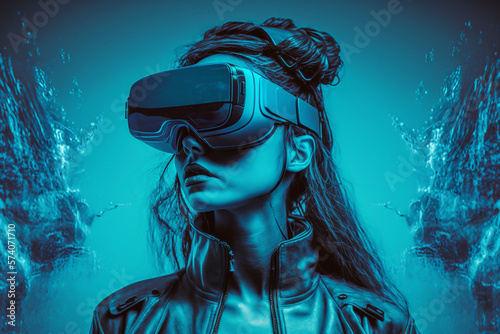 Attractive woman wear VR glasses, concept illustration of metaverse technology advertisement style