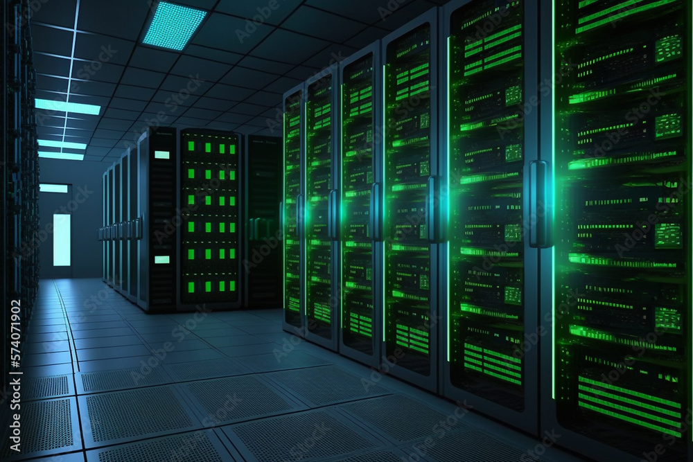 Network and internet communication technology concept, server racks, data center interior, generative ai Network and internet communication technology concept, server racks, data center interior, generative ai