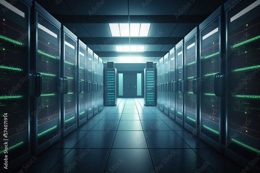 Network and internet communication technology concept, server racks, data center interior, generative ai Network and internet communication technology concept, server racks, data center interior, generative ai