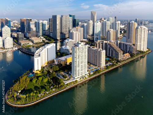 Brickell Key,Downtown Miami and Four Seasons Hotel sunrise.Miami,South Florida,Dade,Florida,USA © Earth Pixel LLC.