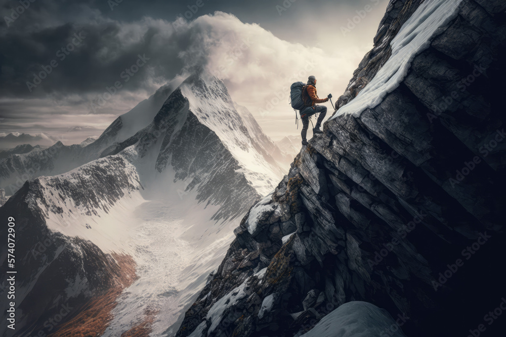 mountain climbing hiker on the top of the mountain looking towards a bigger mountain made with generative ai