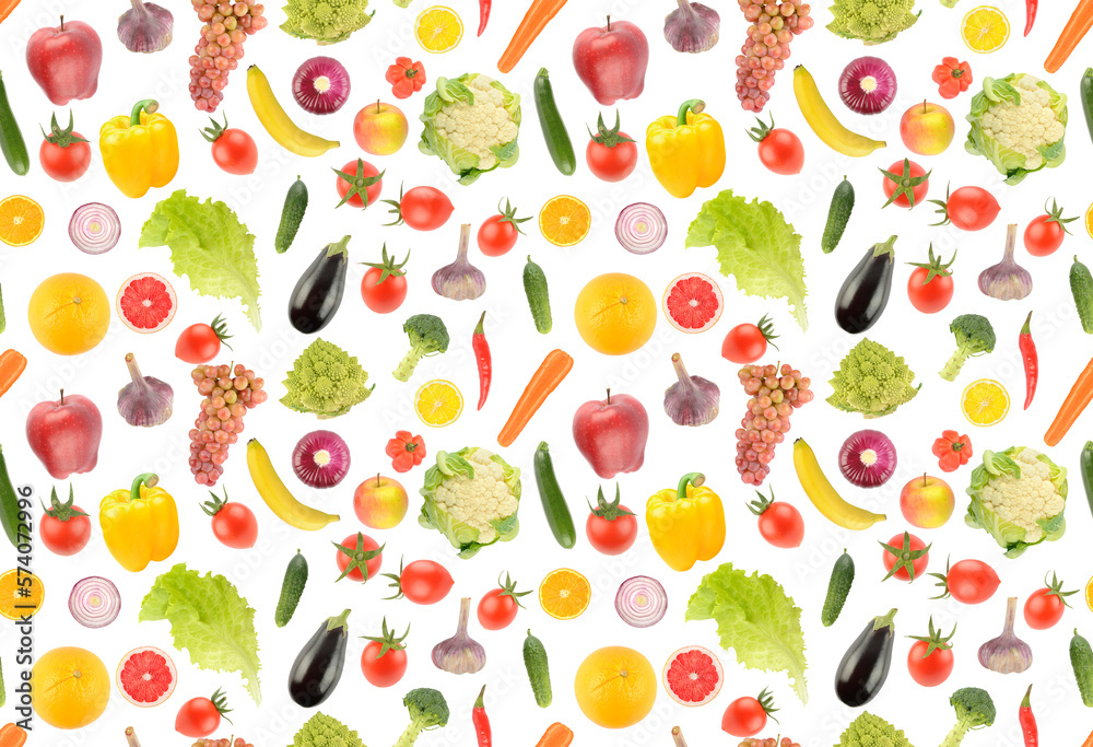 Large seamless pattern of fresh fruits and vegetables isolated on white Large seamless pattern of fresh fruits and vegetables isolated on white