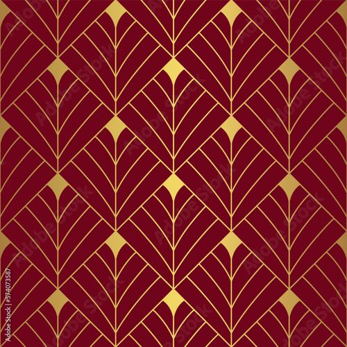 Art Deco diamond fan pattern. Luxury gold and red geometric decor. 