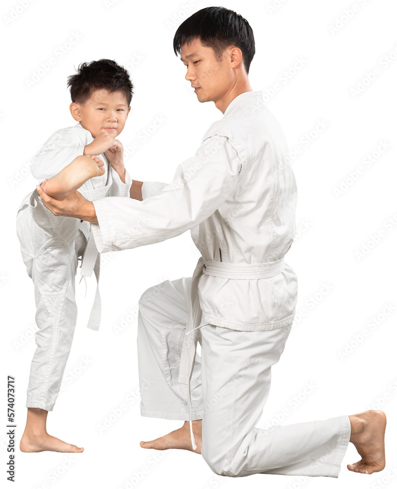 Asian Little Karate Boy and hid Teacher in White Kimono