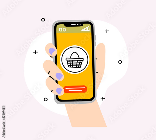 Online shopping or delivery concept. Character flat drawing hands holding smartphone with shopping cart image inside and touching screen. Internet, gadget concept. Cartoon design vector illustration