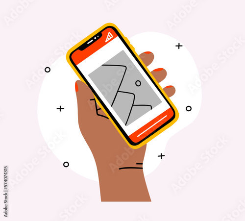 Hand holding smartphone with photo icon on smartphone screen. Multimedia, photo album application concept. Modern simple flat design for web banners, website, infographics. Creative vector 
