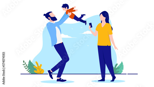 Parents playing with kid - Man and woman having fun outdoors with child boy taking photos and lifting him up in air. Flat design vector illustration with white background