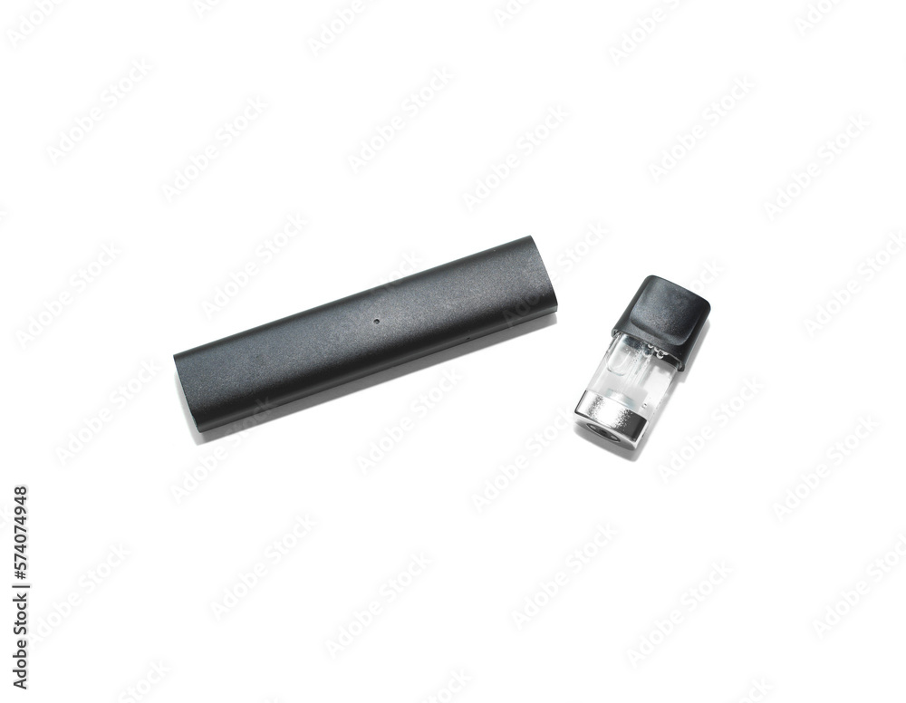 Black e-cigarette for vaping. The concept of consuming nicotine, smoking cigarettes and an alternative to classic cigarettes. Black e-cigarette for vaping. The concept of consuming nicotine, smoking cigarettes and an alternative to classic cigarettes.