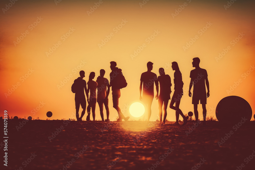 Sunset Soccer Match - group of friends enjoying an amateur soccer match on a beautiful summer evening with the sun setting behind them, generative ai