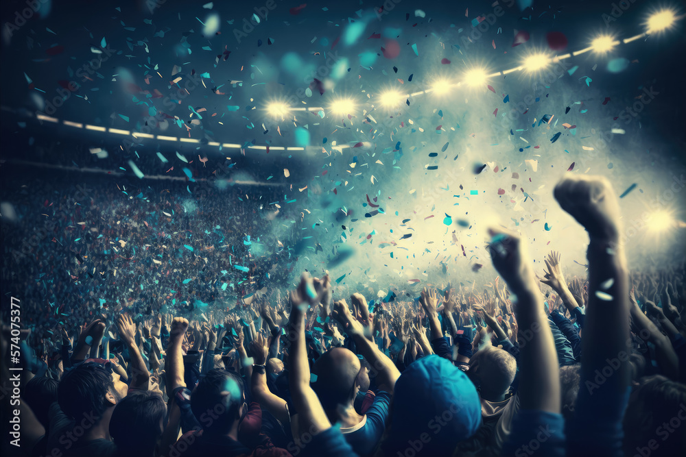 Stadium filled with enthusiastic fans cheering on their favorite team during a sports game with confetti raining down, generative ai