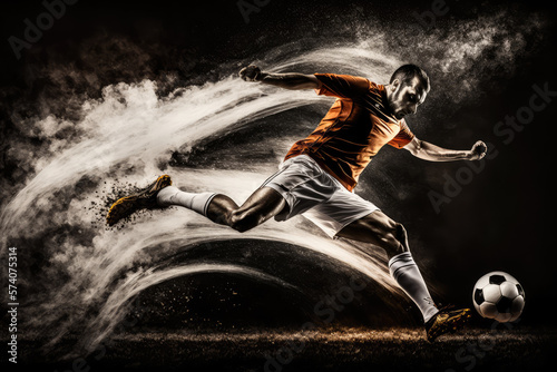 Fototapete Striking image of a soccer player scoring a goal with a powerful kick, generativ