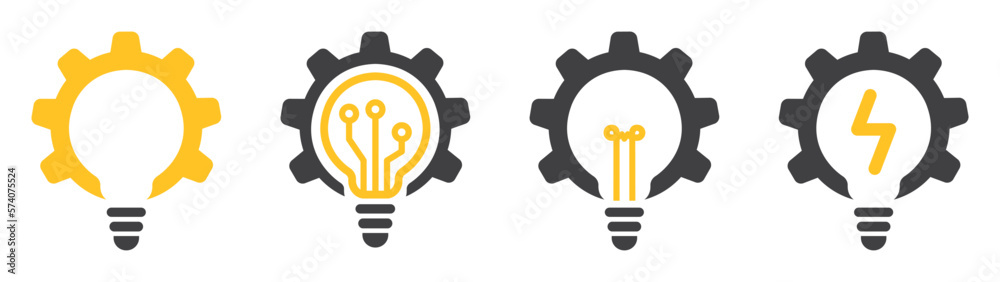 Set of light bulbs with gears. Light bulb idea icon, working mechanisms. Gear and light bulb creative logo. Light bulb with cogwheel. Vector illustration. Set of light bulbs with gears. Light bulb idea icon, working mechanisms. Gear and light bulb creative logo. Light bulb with cogwheel. Vector illustration.