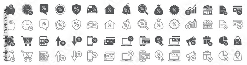 Set of loan icons. Interest rate icon, percentage diagram. Piggy bank, business income, loan, financial growth chart, investment profit. Vector illustration.