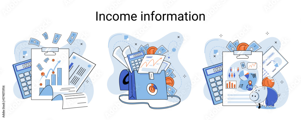 Income information vector set, business profitability indicator, entrepreneurial activity and accounting. Registration of claim form document, providing personal information, financial report for tax Income information vector set, business profitability indicator, entrepreneurial activity and accounting. Registration of claim form document, providing personal information, financial report for tax