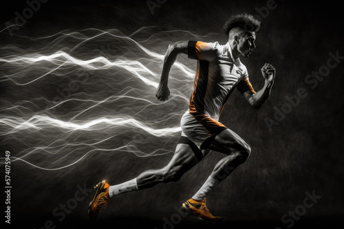 Exciting professional soccer player making a lightning-fast sprint down the field with the ball, generative ai
