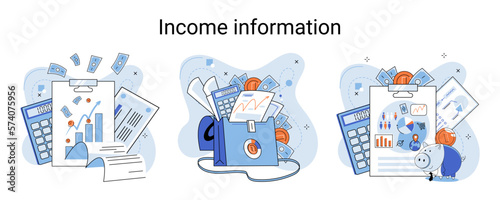 Income information vector set, business profitability indicator, entrepreneurial activity and accounting. Registration of claim form document, providing personal information, financial report for tax