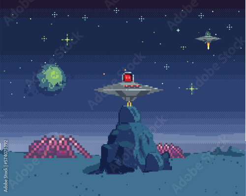 Cosmic scene in pixel art. Pixelated location for game or application. Background of space and spaceship. Fantastic landscape with objects, UFO and stars. 8 bit video game. Galactic videogame area