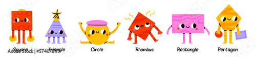 Geometric shape characters. Lets learn basic shapes, educational figure mascots for childrens vector Illustration set. Happy elements as triangle, square, circle and oval for teaching at school