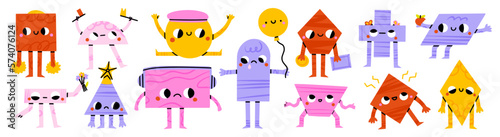 Geometric shape characters. Lets learn basic shapes, educational figure mascots for childrens vector Illustration set. Happy elements as triangle, square, circle and oval for teaching at school
